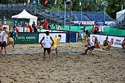 Deutsch: Beachhandball Europameisterschaften 2019 (Beach handball Euro); Tag 1: 2. Juli 2019 – Männer, Vorrunde Gruppe C, Italien-Nordmazedonien 2:1 (12:18, 22:13, 7:6) English: Beach handball Euro; Day 1: 2 July 2019 – Men Preliminary Round Group C – Italy-North Mecedonia 2:1 (12:18, 22:13, 7:6)