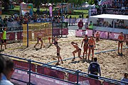 Deutsch: Beachhandball bei den Olympischen Jugendspielen 2018; Tag 3, 10. Oktober 2018; Mädchen, Vorrunde, Gruppe B - Niederlande-Argentinien 2:0 English: Beach handball at the 2018 Summer Youth Olympics at 10 October 2018 – Girls Preliminary Round Group B‎ – Netherlands-Argentina 2:0