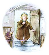 Lucie enters Mrs Tiggy-Winkle's cottage; Potter had trouble depicting humans Beatrix Potter, Mrs Tiggy-Winkle, Lucie enters.jpg