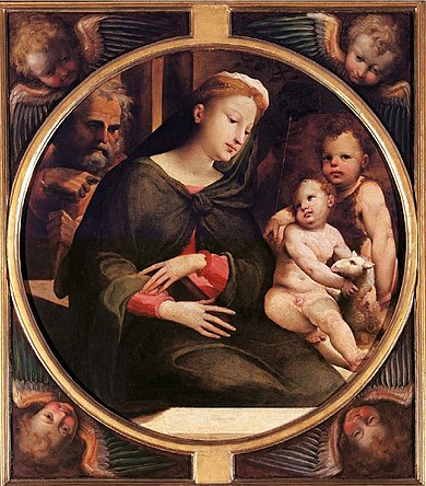 Beccafumi, Sacra Famiglia con san Giovannino e l'agnellino tra serafini.jpg