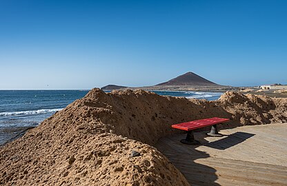 Bench at the El Médano beach boardwalk, Tenerife, Spain