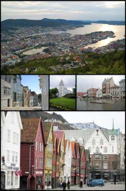 Frae tap tae bottom: ceety center, auld bergen, Gamlehaugen, ceety square an Bryggen