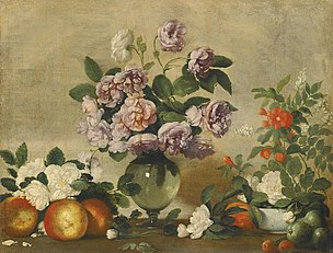 Bernardo Strozzi - Still life with pink and white peonies in a glass vase and peaches, white roses and fruits on a ledge.jpg