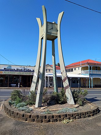 Dominating the main street is the distinctive mid-century modern (MCM) styled town clock. Blackbutt civic clock.jpg