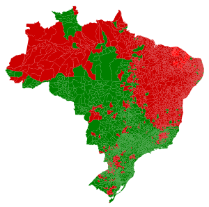 First Round results
Municipalities won by Jair Bolsonaro:
.mw-parser-output .legend{page-break-inside:avoid;break-inside:avoid-column}.mw-parser-output .legend-color{display:inline-block;min-width:1.25em;height:1.25em;line-height:1.25;margin:1px 0;text-align:center;border:1px solid black;background-color:transparent;color:black}.mw-parser-output .legend-text{}

Municipalities won by Fernando Haddad:

Municipalities won by Ciro Gomes: Brazil rd1 2018 municipality.svg