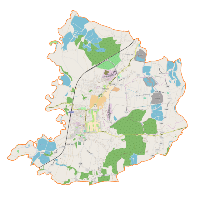 Mapa konturowa gminy Brzeszcze, w centrum znajduje się punkt z opisem „Kościół Świętego Urbana”