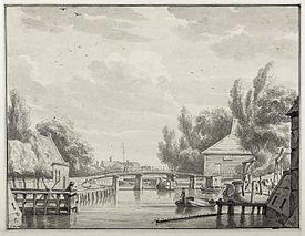 Winschoterdiep met de Bonte Brug gezien vanuit de stad (Jan Bulthuis, eind 18e eeuw)