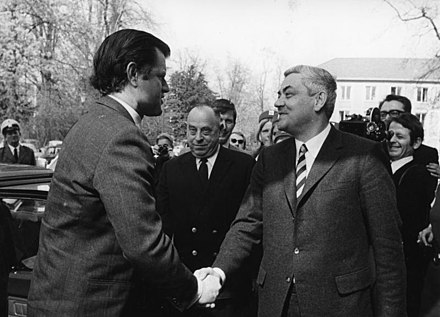 Senator Kennedy meeting with Justice Minister Horst Ehmke at Bonn, West Germany, in April 1971