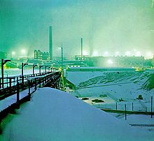 Bunker Hill smelter in operation during the 1970s Bunker Hill smelter operating in winter snow, 1970s.jpg