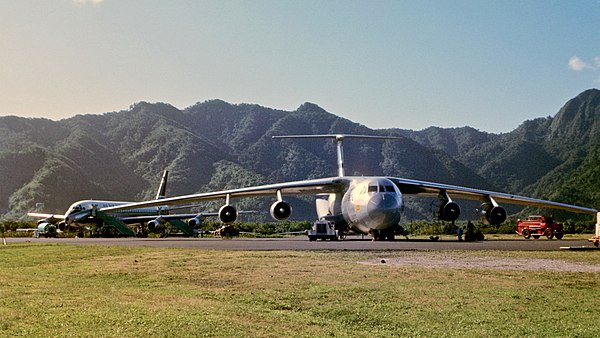 A Military Airlift Command C-141A at Pago Pago International Airport in July 1968. The aircraft behind the C-141 is an Air New Zealand DC-8.