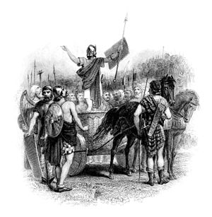 Calgaco chiama i suoi guerrieri alla battaglia di Mons Graupius (illustrazione del XIX secolo)