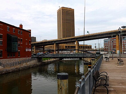 Located in the shadow of downtown, the Commercial Slip (seen here) was once the western end of the Erie Canal, which was built in 1825 and which transformed Buffalo almost overnight from a sleepy frontier village to one of the United States' fastest-growing cities and most important inland ports. It is now the centerpiece of the Canalside redevelopment on the downtown waterfront.