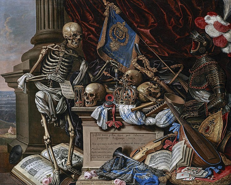 File:Carstian Luyckx - Vanitas Still Life with Musical Instruments, Sheet Music, Books, a Skeleton, Skulls and Armour.jpg