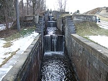 Second-generation water supply locks (the five combines), built  to supply water from the Hudson River to the Champlain Canal, Glens Falls Feeder, Fort Edward, NY. Also utilized as secondary locks to navigate from Glen's Falls to the Champlain Canal. Not in use.