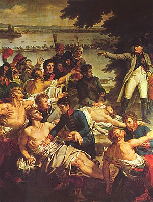 El regreso de Napoleón a la isla de Lobau el 23 de mayo después de la batalla de Aspern (en francés: Retour de Napoléon sur l'île de Lobau le 23 may après la bataille d'Essling) (Charles Meynier)