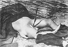 Photo taken in Xuzhou, showing the body of a Chinese woman who was raped and killed by Japanese soldiers Chinese old woman raped and killed by Japanese at Tai'erzhuang.jpg