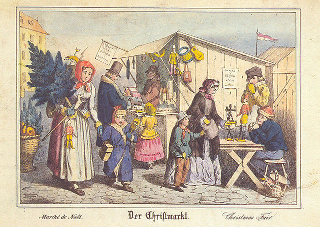 Litography of the Christmas market in Nuremberg, Germany, in the 19th century