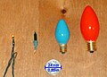 Четыре самых распространённых размера ламп, используемых в США. Слева направо: светодиоды «рисового» типа (0,057 Вт), T1¾ «миниатюрные» (0,5 Вт), C7½ (5 Вт) и C9¼ (7,5 Вт).