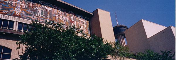 In the foreground the Lila Cockrell Theater and its Juan O'Gorman mosaic Confluence of Civilizations in the Americas, and in the background the Tower 