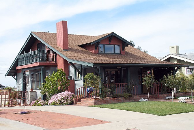 Deeply overhanging eaves in American Craftsman-style bungalow, San Diego, California, late 19th century.