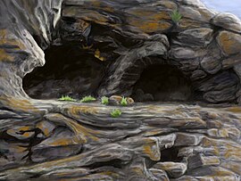 Artist's rendition of Cueva Fell exterior Cueva Fell Painting.jpg