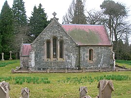 Dawyck Chapel sits on an ancient religious site within the gardens. Dawyck Chapel, Borders, Scotland.JPG