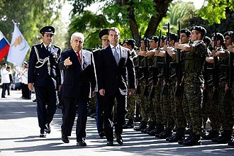 Welcoming ceremony of the former Russian president Dmitry Medvedev by the soldiers of the Cypriot National Guard. Dmitry Medvedev in Cyprus 7 October 2010-2.jpeg