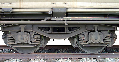 Dreh­ge­stell Typ Y25 in Schweiß­bau­art mit Rad­sät­zen für eine Achs­last von 22,5 t (häufigstes Güter­wa­gen­dreh­gestell in Europa)