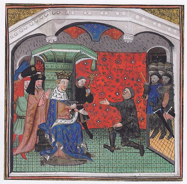 Miniature of du Guesclin being made Constable of France by Charles V, in the 15th-century Chronique de Bertrand du Guesclin