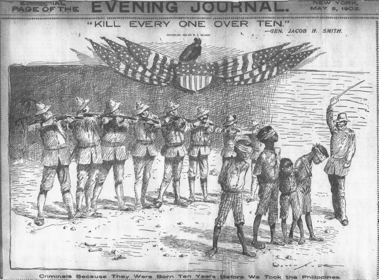 General Jacob H. Smith's infamous order "Kill Everyone Over Ten" was the caption in the New York Journal cartoon on 5 May 1902. The Old Glory draped an American shield on which a vulture replaced the bald eagle. The caption at the bottom proclaimed, "Criminals Because They Were Born Ten Years Before We Took the Philippines".