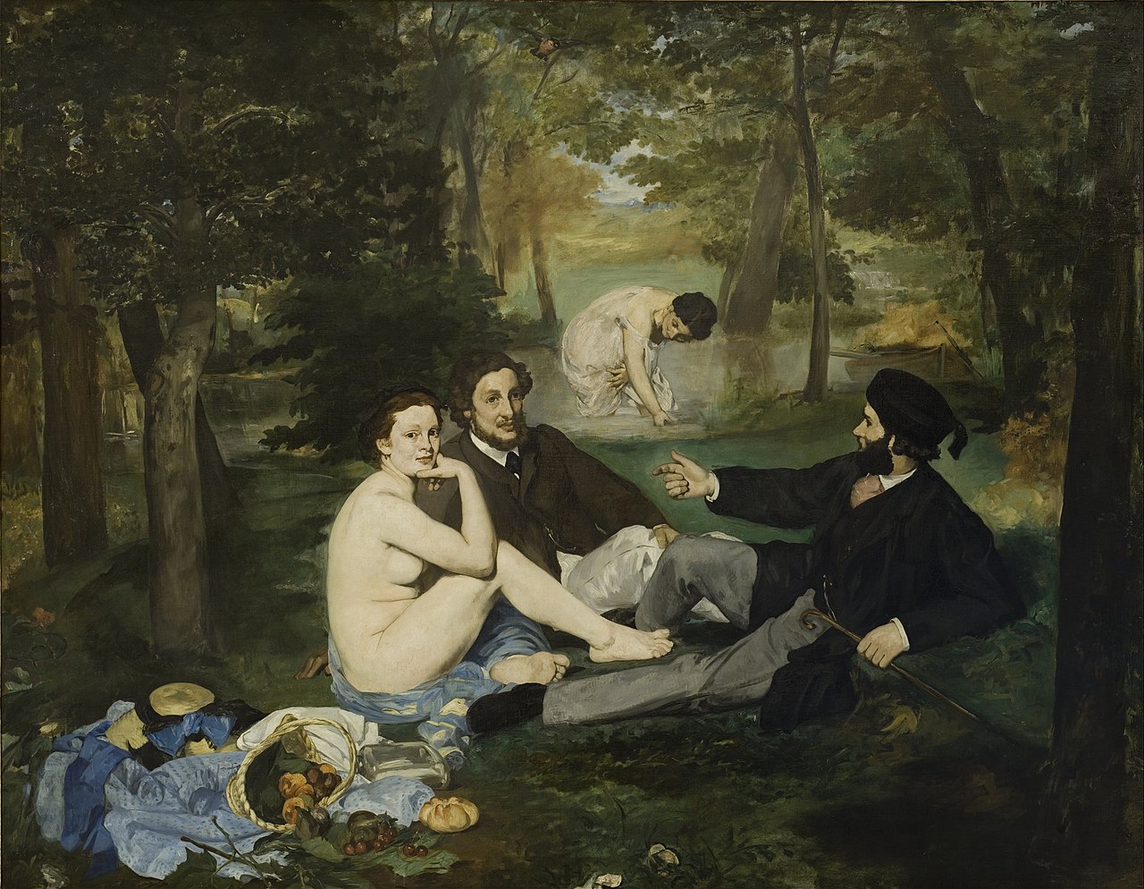 In a park two jauntily dressed men convers while a naked women cases out of the canvas at the viewer. In the background a woman bathes in a pond.