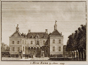 After Jan de Beijer. Huis De Ehze near Almen label QS:Len,"Huis De Ehze near Almen" label QS:Lpl,"Huis De Ehze w okolicach Almen" label QS:Lnl,"Huis De Ehze bij Almen" 1743. copper engraving print and etching print. 6.8 × 9.9 cm (2.6 × 3.8 in). Arnhem, Gelders Archief.