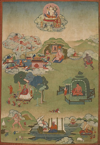 Mahasiddhas, Palpung monastery. Note the figure of the great adept Putalipa at center, seated in a cave and gazing at an image of the meditational dei
