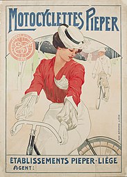 Affiche couleur montrant une femme, avec un haut rouge et un chapeau, sur un vélo.