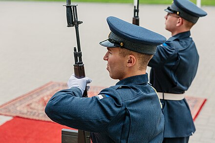 An Estonian soldier presenting arms