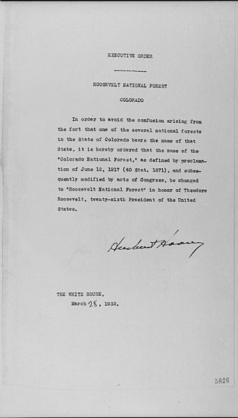 File:Executive Order 5826 dated March 28, 1932 in which President Herbert Hoover renames the Colorado National Forest as... - NARA - 300001.jpg