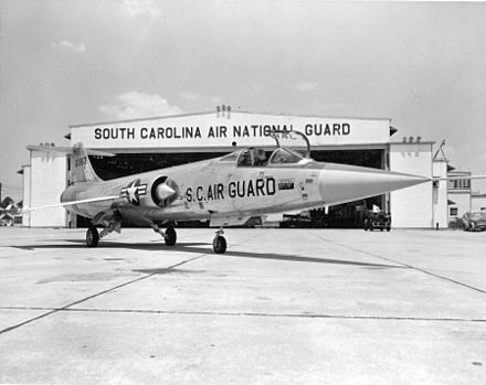 An Air National Guard Lockheed F-104A-25-LO Starfighter (AF Ser. No. 56-0863) from the 157th Fighter-Interceptor Squadron, South Carolina Air National Guard, at McEntire Air National Guard Base, South Carolina