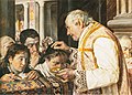 Полска картина от 1881 г. на римокатолически свещеник, който поръсва с пепел главите на поклонници, формата, преобладаваща, например, в Италия, Испания и части от Латинска Америка [8]