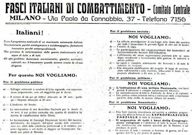 Kampforbundets plattform publisert i avisen Il Popolo d'Italia, 6. juni 1919.