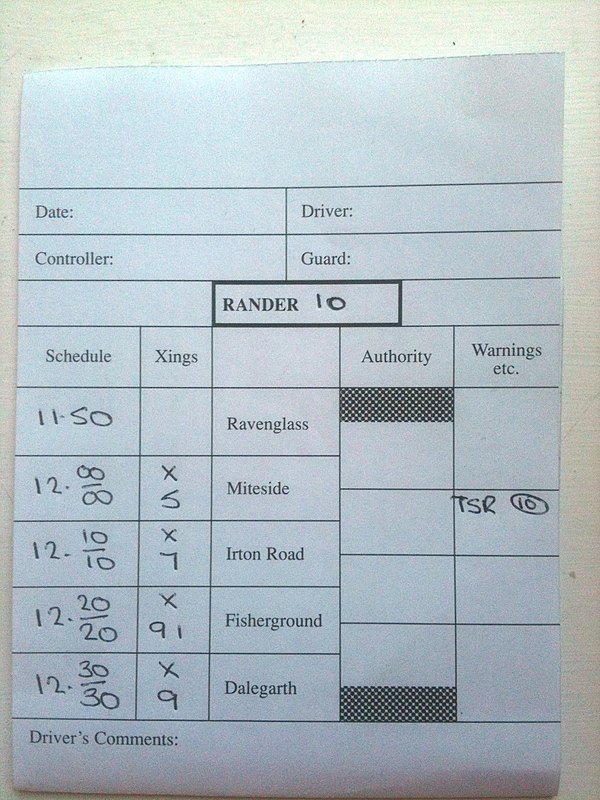 A RANDER board, issued to a train's driver and guard by the duty controller.