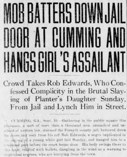 Headline and lead paragraph in The Atlanta Georgian of September 10, 1912, reporting the lynching of Rob Edwards Forsyth County headline of 10 September 1912.png