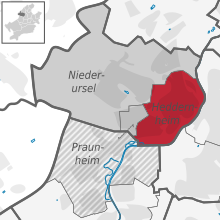 Mapa lokalizująca dzielnicę (na czerwono) w obrębie dzielnicy (kolor ciemnoszary) i pozostałą część miasta (kolor jasnoszary)