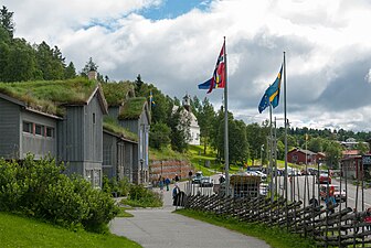 Vy från Fornparken mot fjällmuseet och kyrkan.