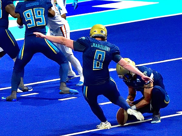 Hartley kicking for the Pirates in the 2021 IFL semifinal against the Frisco Fighters.