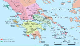 Carte politique montrant le sud de la Grèce avec les différentes principautés de différentes couleurs