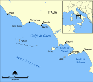 Posizione del golfo di Gaeta nel Mar Tirreno.