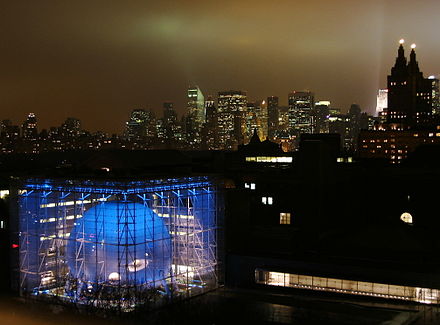 The night is illuminated by the Rose Center for Earth and Space, home of the astronomy wing at the American Museum of Natural History.