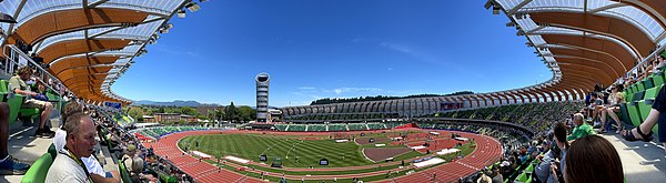 A panoramic view from the west of the redeveloped Hayward Field in June 2021