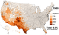 Hispanic Americans mapped to US counties in 1980. Additional maps can be found on the Hispanic Americans wiki page.