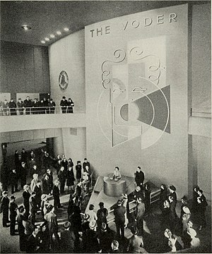 Homer Dudley (October 1940). "The Carrier Nature of Speech". Bell System Technical Journal, XIX(4);495-515. -- Fig.5 The voder being demonstrated at the New York World's Fair.jpg